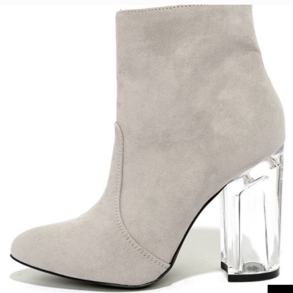 Grey Vegan Faux Suede Ankle Booties Clear Heel 6.5 - Picture 1 of 4